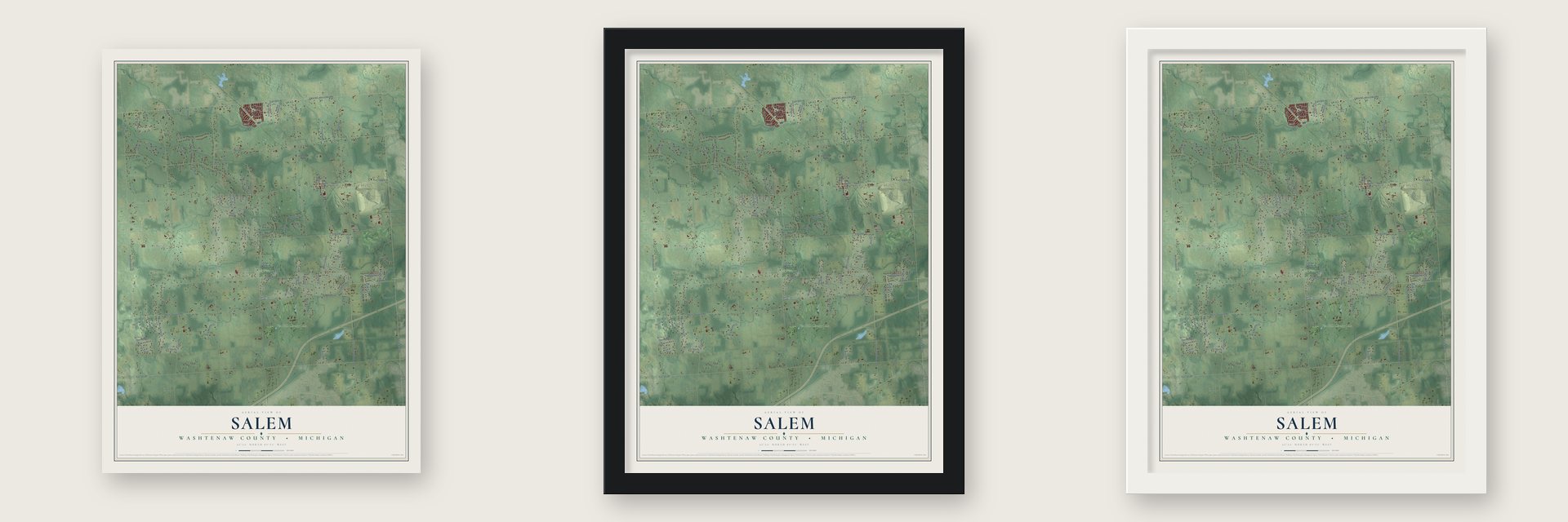 Salem, Washtenaw County, Michigan map unframed, in a black wood frame and in a white wood frame