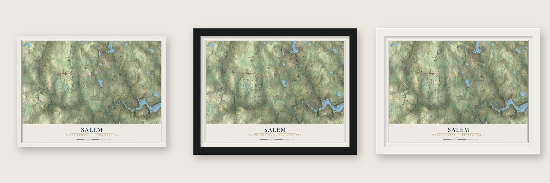 Salem, Wayne County, Pennsylvania map unframed, in a black wood frame and in a white wood frame