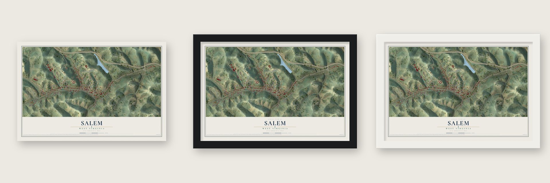 Salem, West Virginia map unframed, in a black wood frame and in a white wood frame