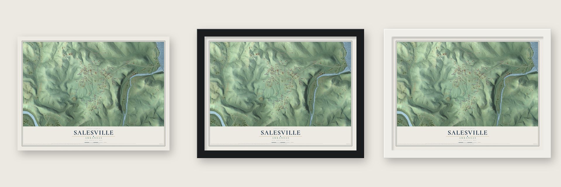 Salesville, Arkansas map unframed, in a black wood frame and in a white wood frame