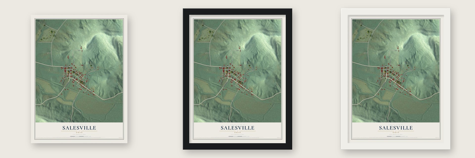 Salesville, Ohio map unframed, in a black wood frame and in a white wood frame