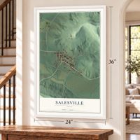 Salesville, Ohio map, 24 x 36 inch print in a white frame by a staircase