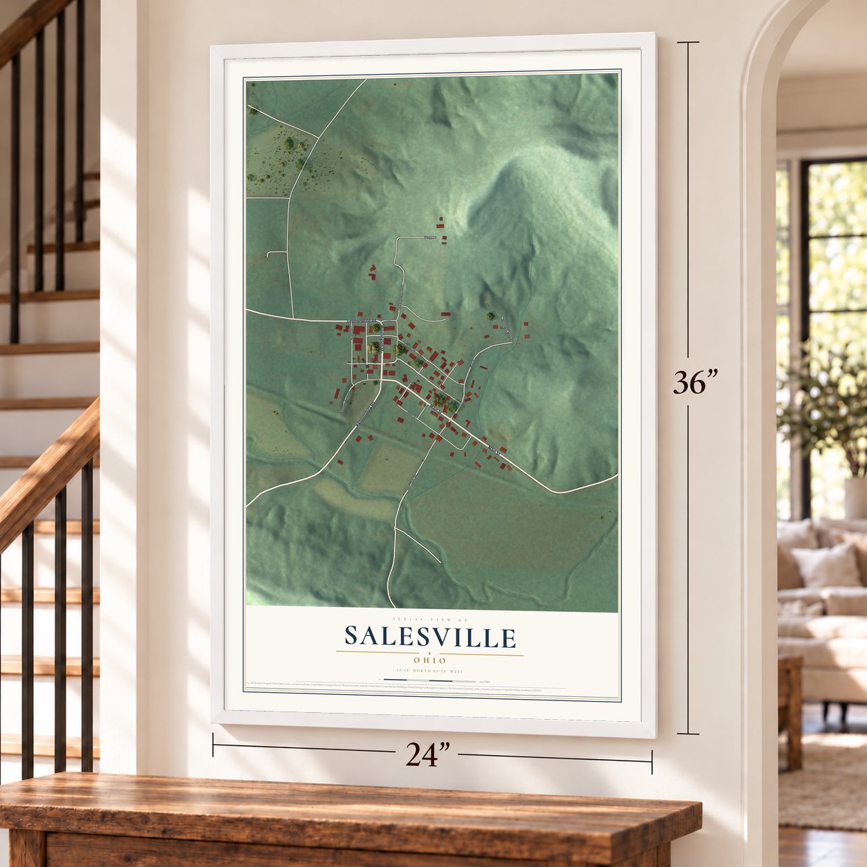 Salesville, Ohio map, 24 x 36 inch print in a white frame by a staircase
