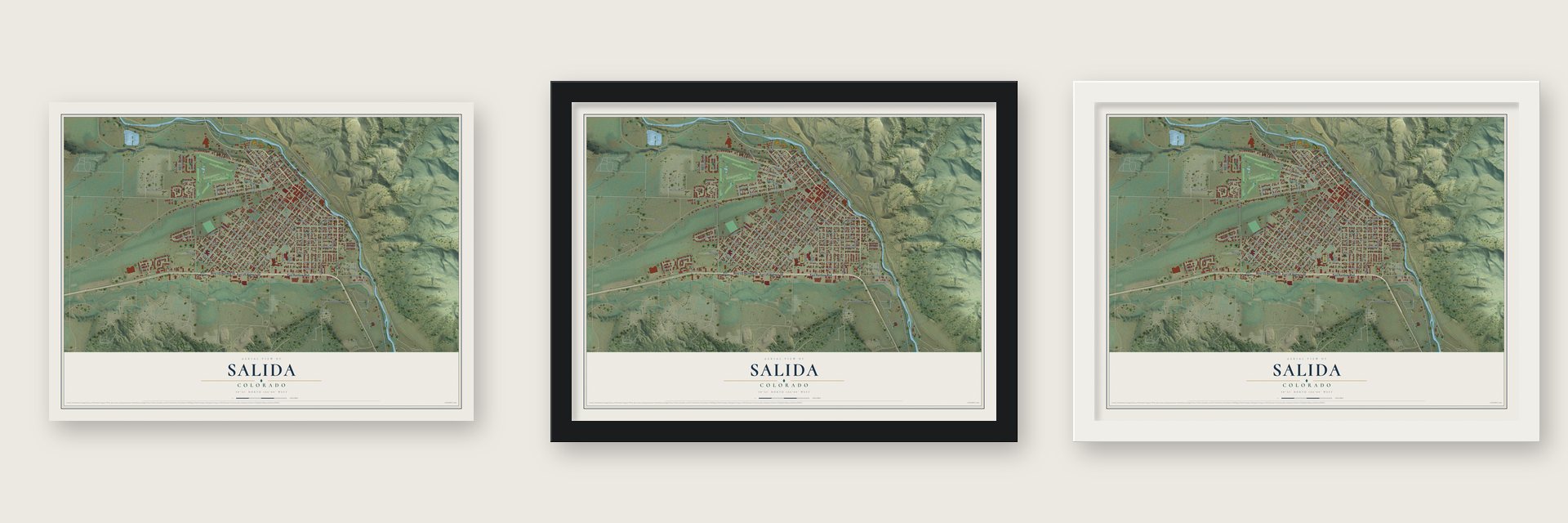 Salida, Colorado map unframed, in a black wood frame and in a white wood frame
