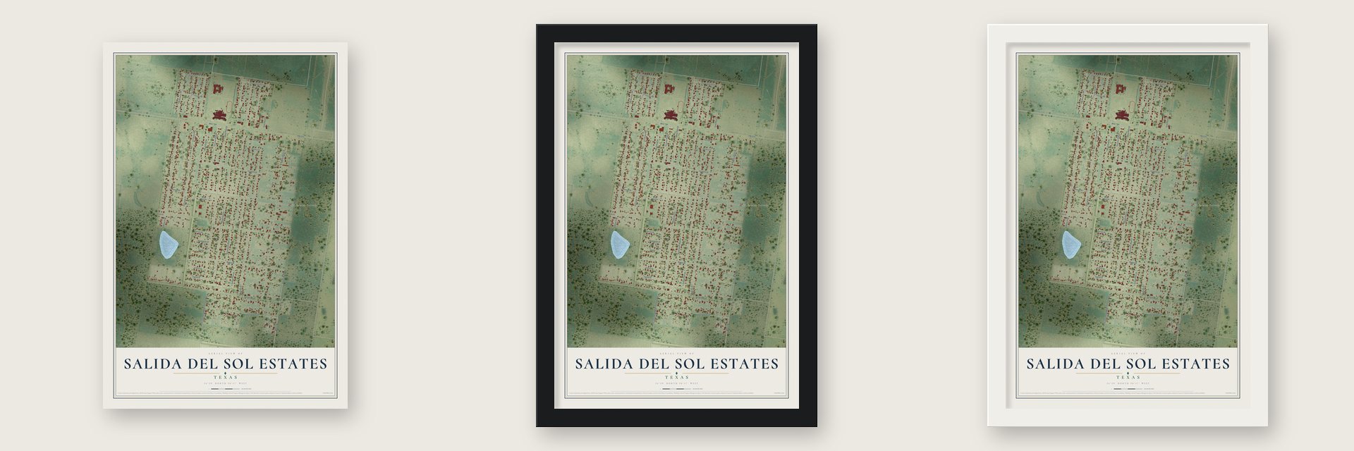 Salida del Sol Estates, Texas map unframed, in a black wood frame and in a white wood frame