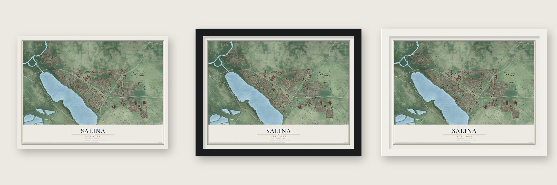 Salina, New York map unframed, in a black wood frame and in a white wood frame