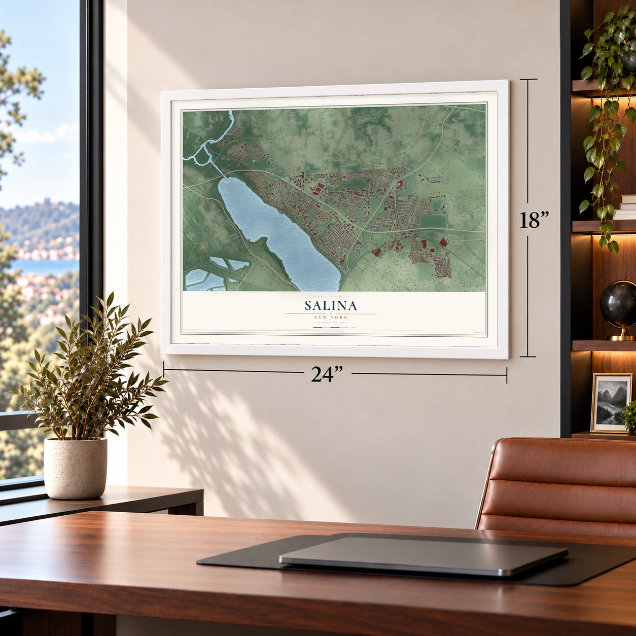 Salina, New York map, 18 x 24 inch print in a white frame in a home office