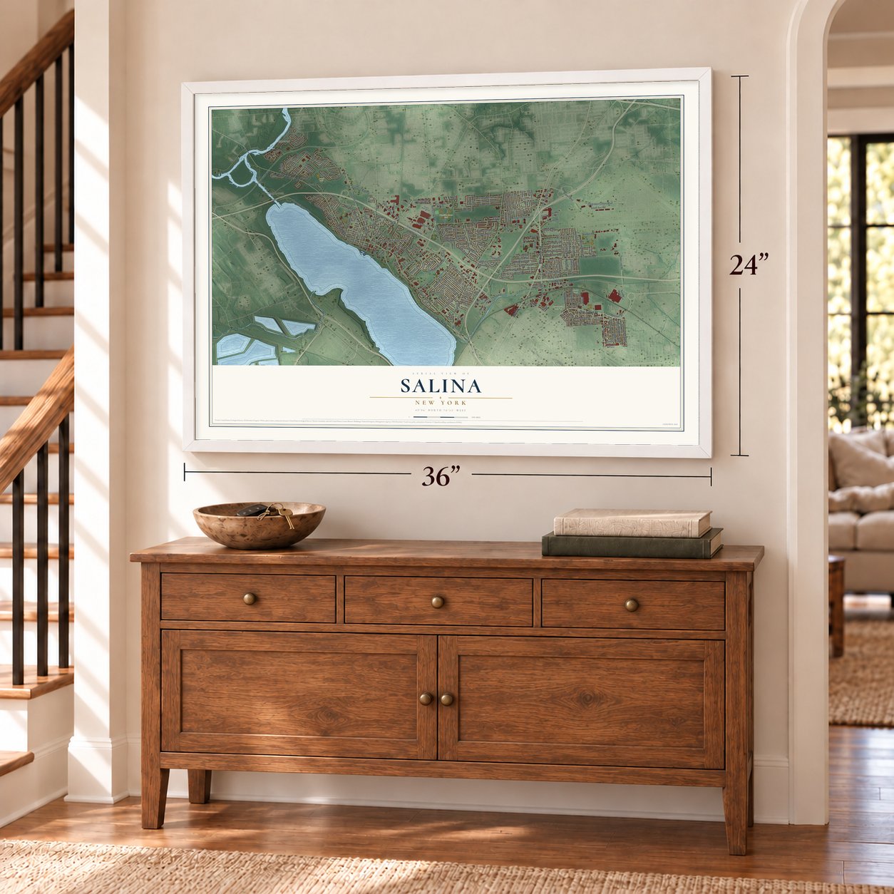 Salina, New York map, 24 x 36 inch print in a white frame above a dresser by a staircase