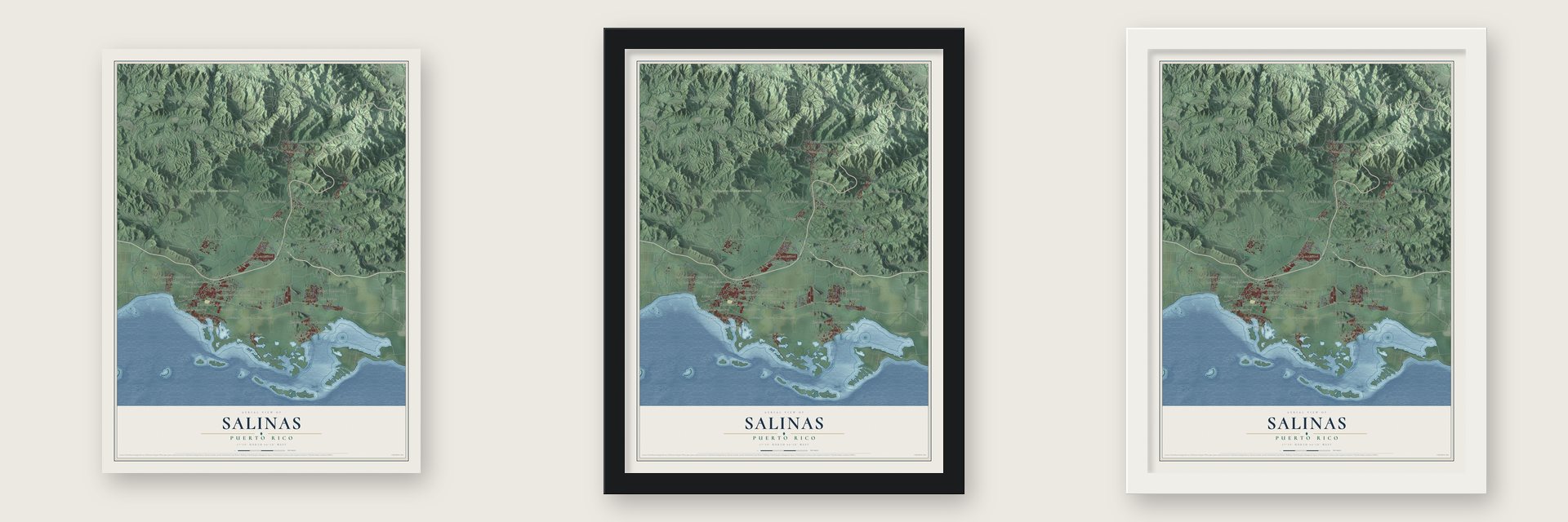Salinas, Puerto Rico map unframed, in a black wood frame and in a white wood frame