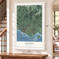 Salinas, Puerto Rico map, 24 x 36 inch print in a white frame by a staircase