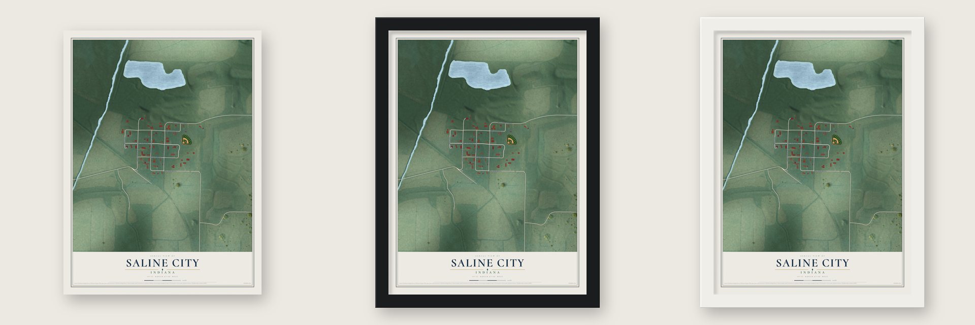 Saline City, Indiana map unframed, in a black wood frame and in a white wood frame