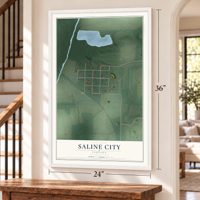 Saline City, Indiana map, 24 x 36 inch print in a white frame by a staircase