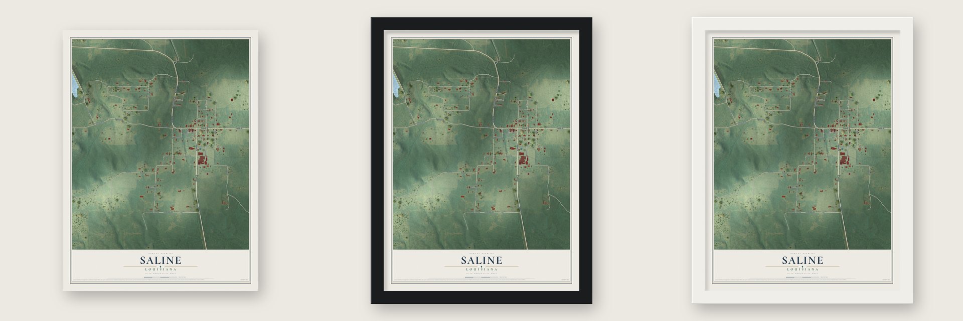 Saline, Louisiana map unframed, in a black wood frame and in a white wood frame