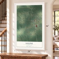 Saline, Louisiana map, 24 x 36 inch print in a white frame by a staircase