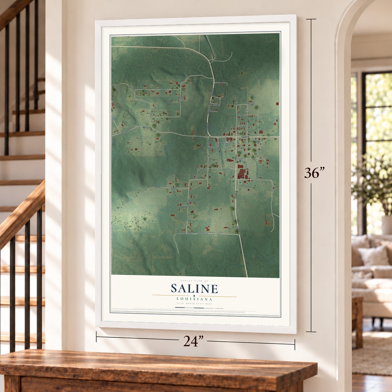 Saline, Louisiana map, 24 x 36 inch print in a white frame by a staircase