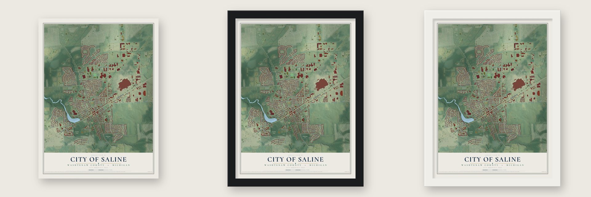 Saline, Michigan map unframed, in a black wood frame and in a white wood frame