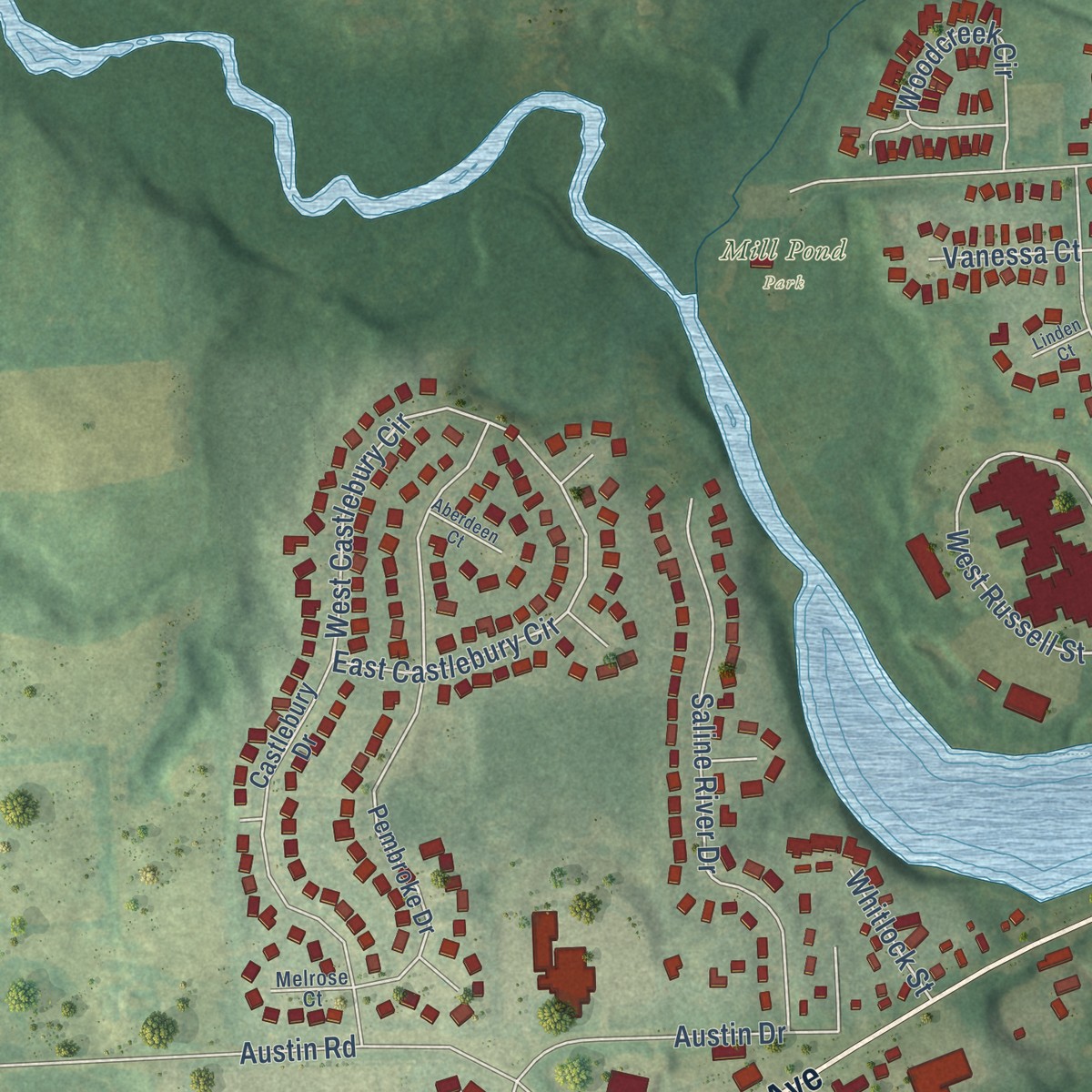 Second close-up of the map of Saline, Michigan print showing more streets and buildings