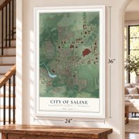 Saline, Michigan map, 24 x 36 inch print in a white frame by a staircase