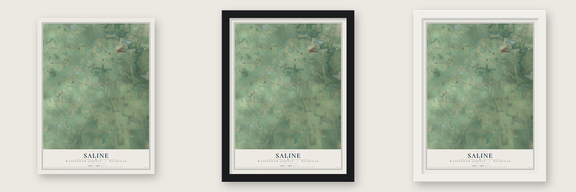 Saline, Washtenaw County, Michigan map unframed, in a black wood frame and in a white wood frame