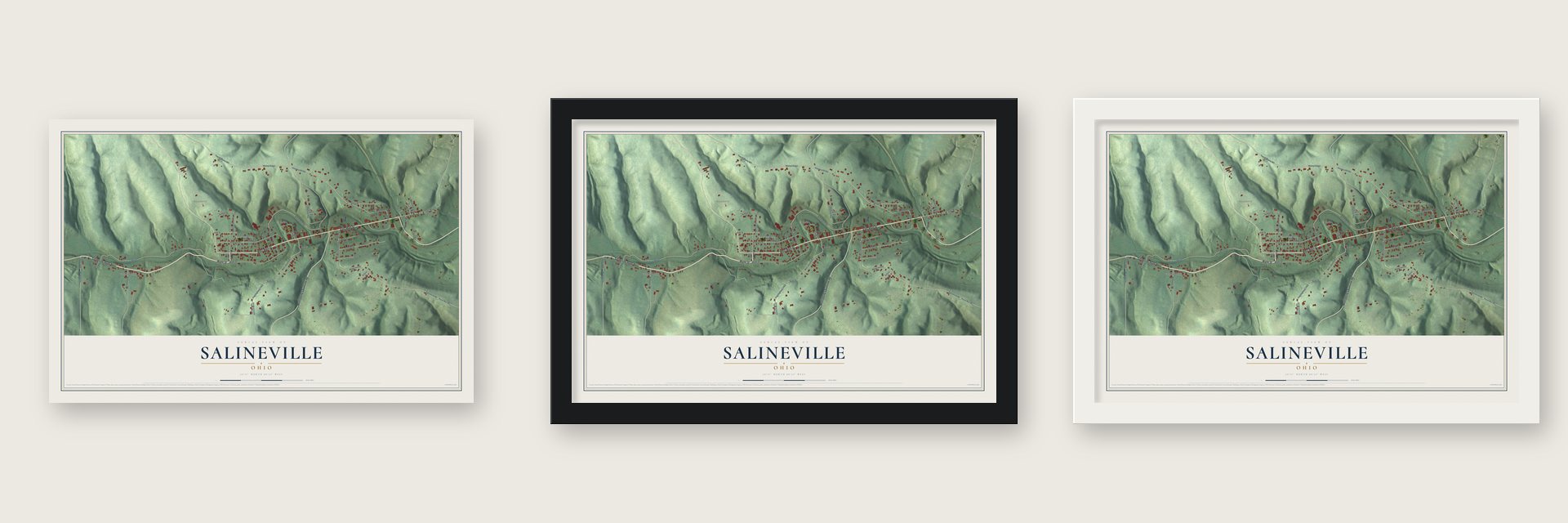 Salineville, Ohio map unframed, in a black wood frame and in a white wood frame