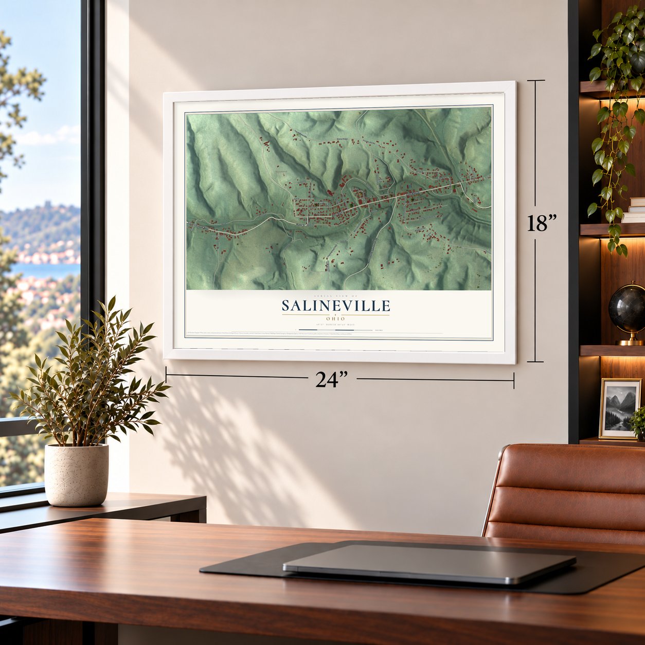 Salineville, Ohio map, 18 x 24 inch print in a white frame in a home office
