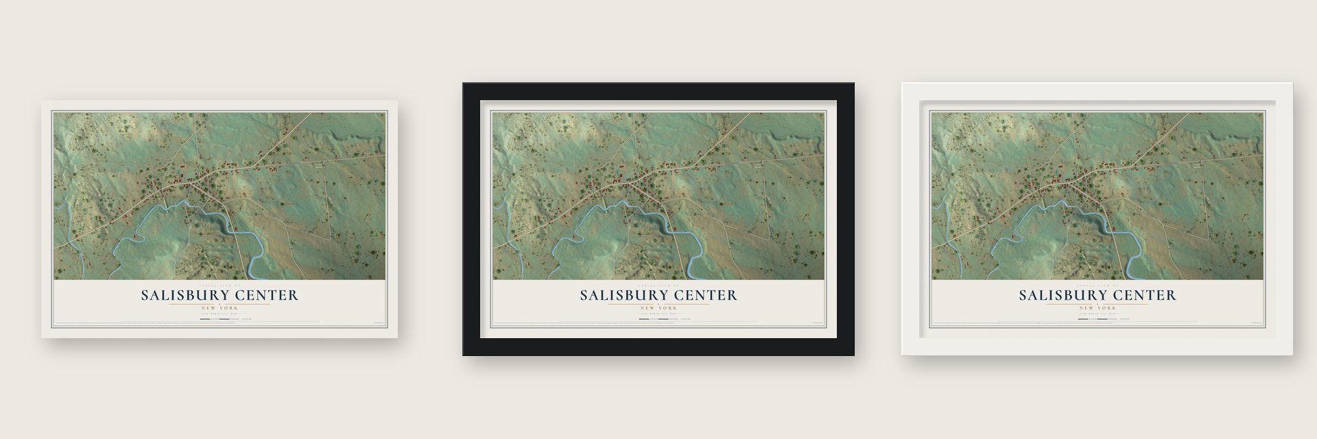 Salisbury Center, New York map unframed, in a black wood frame and in a white wood frame