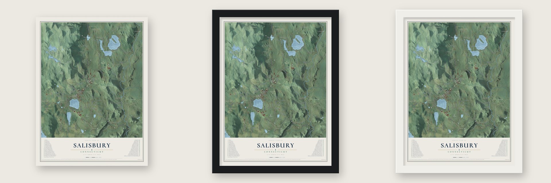 Salisbury, Connecticut map unframed, in a black wood frame and in a white wood frame