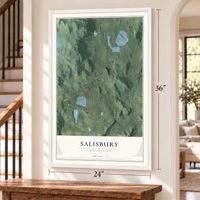Salisbury, Connecticut map, 24 x 36 inch print in a white frame by a staircase