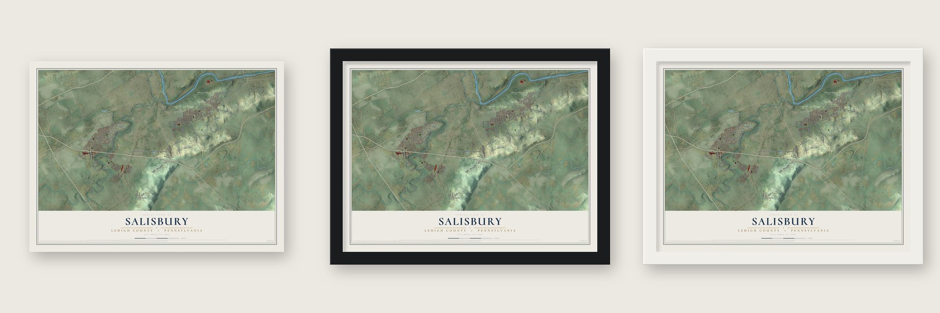 Salisbury, Lehigh County, Pennsylvania map unframed, in a black wood frame and in a white wood frame