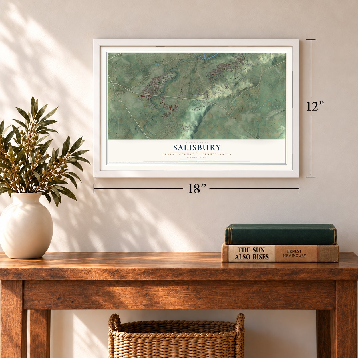 Salisbury, Lehigh County, Pennsylvania map, 12 x 18 inch print in a white frame in an entryway