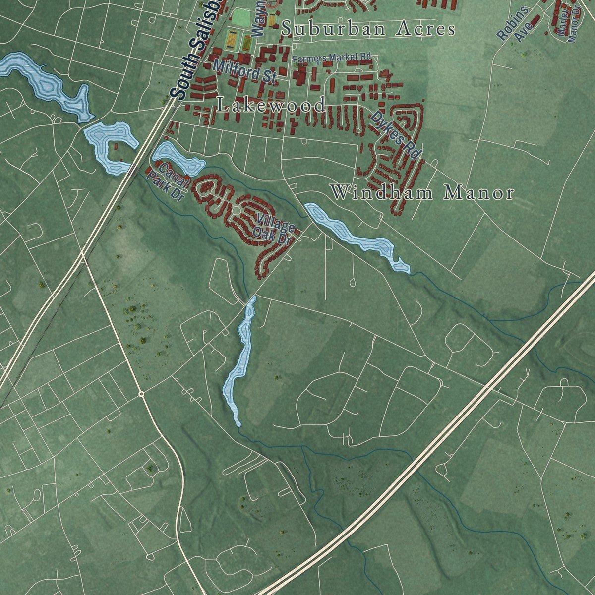 Second close-up of the map of Salisbury, Maryland print showing more streets and buildings