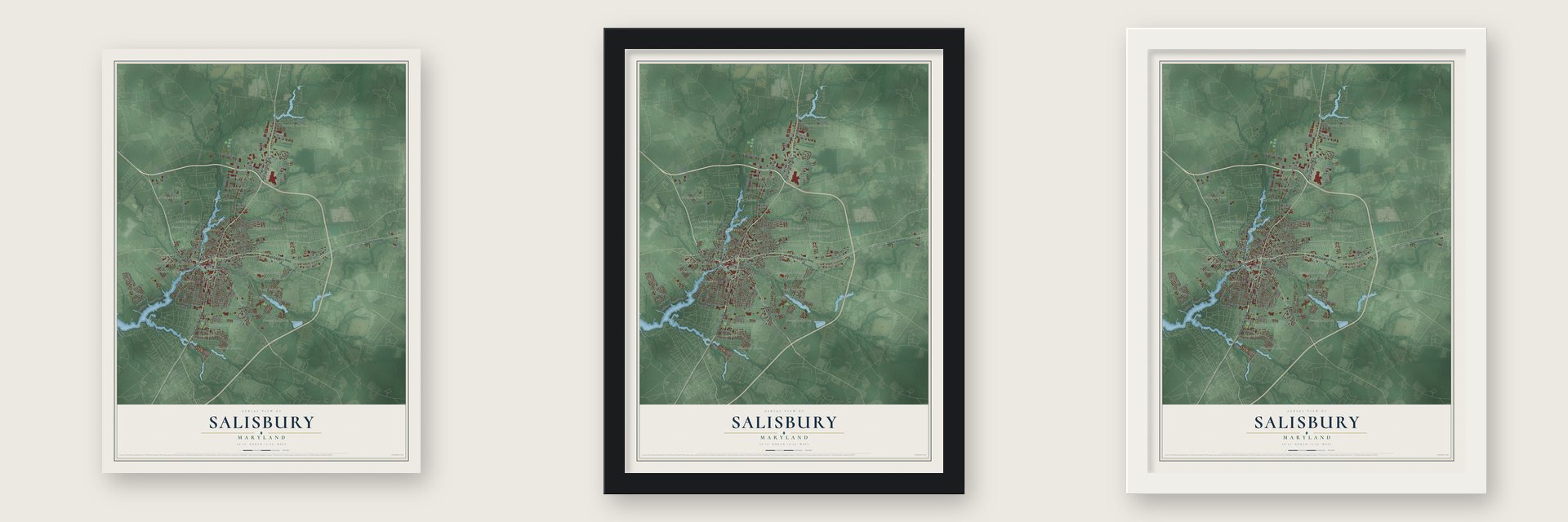 Salisbury, Maryland map unframed, in a black wood frame and in a white wood frame