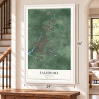 Salisbury, Maryland map, 24 x 36 inch print in a white frame by a staircase