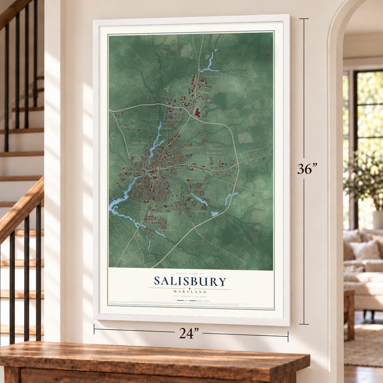 Salisbury, Maryland map, 24 x 36 inch print in a white frame by a staircase