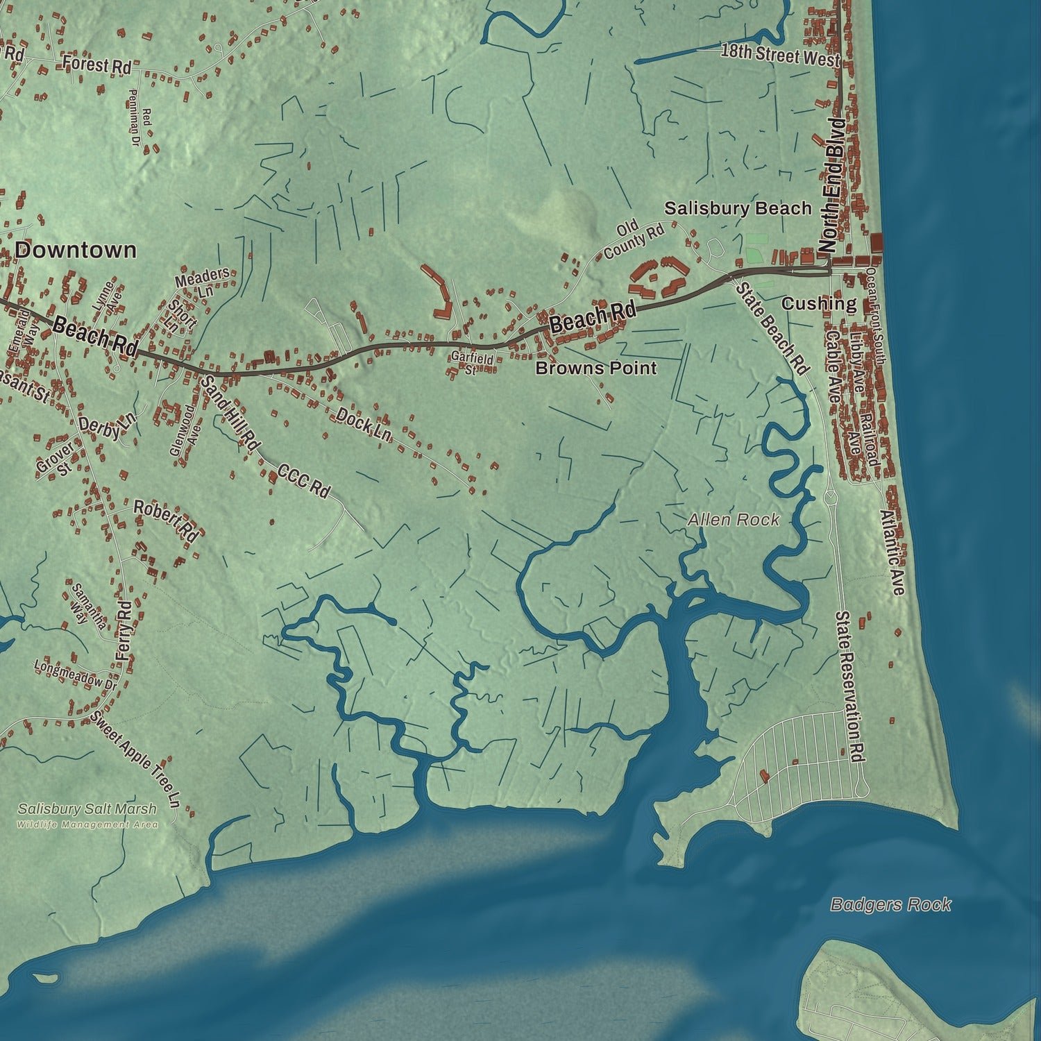 Close-up of the map of Salisbury, Massachusetts print showing terrain and local geography