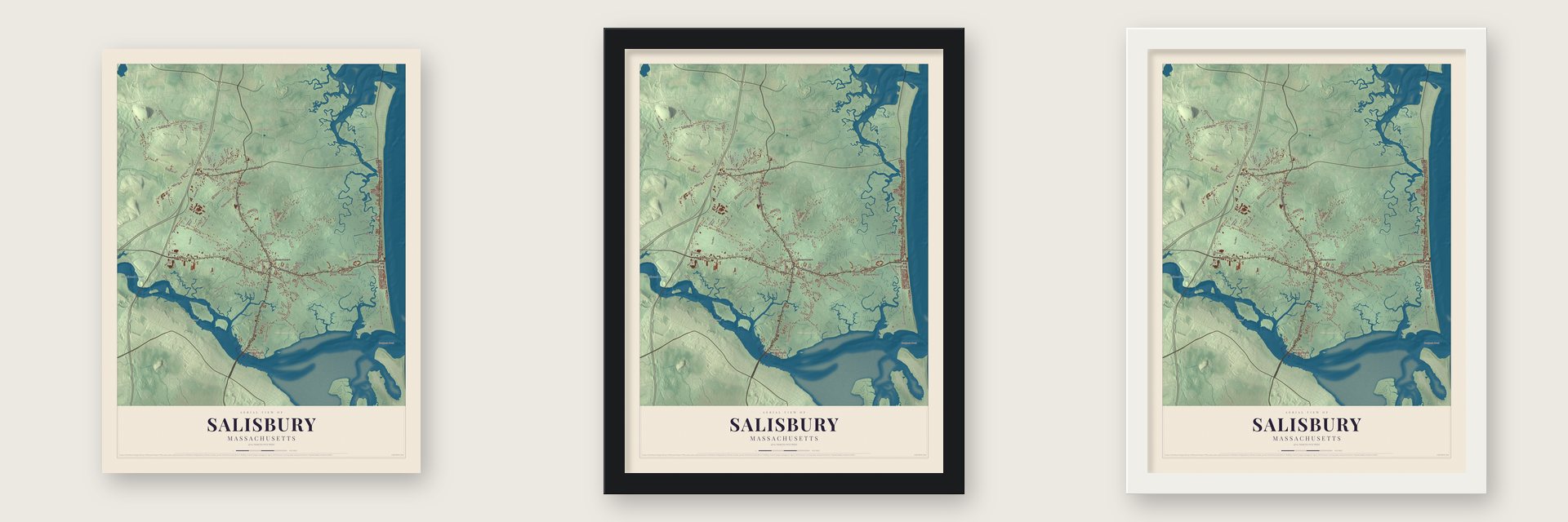 Salisbury, Massachusetts map unframed, in a black wood frame and in a white wood frame