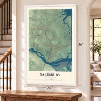 Salisbury, Massachusetts map, 24 x 36 inch print in a white frame by a staircase