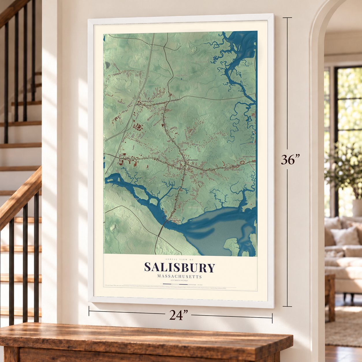 Salisbury, Massachusetts map, 24 x 36 inch print in a white frame by a staircase