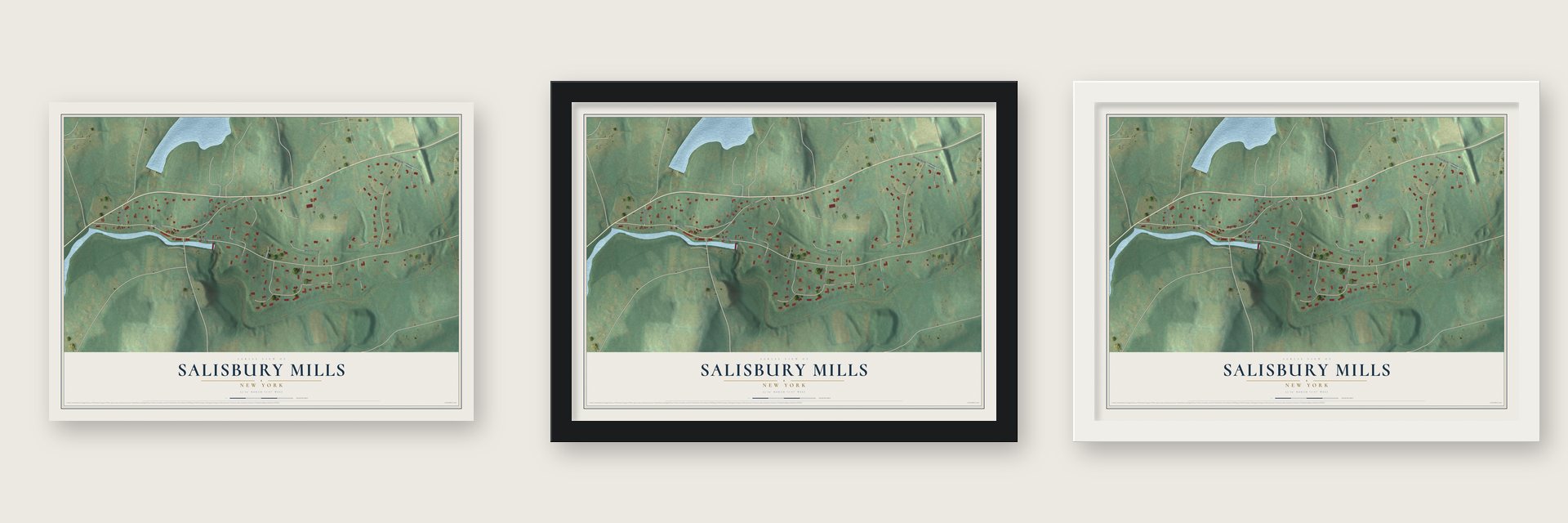 Salisbury Mills, New York map unframed, in a black wood frame and in a white wood frame