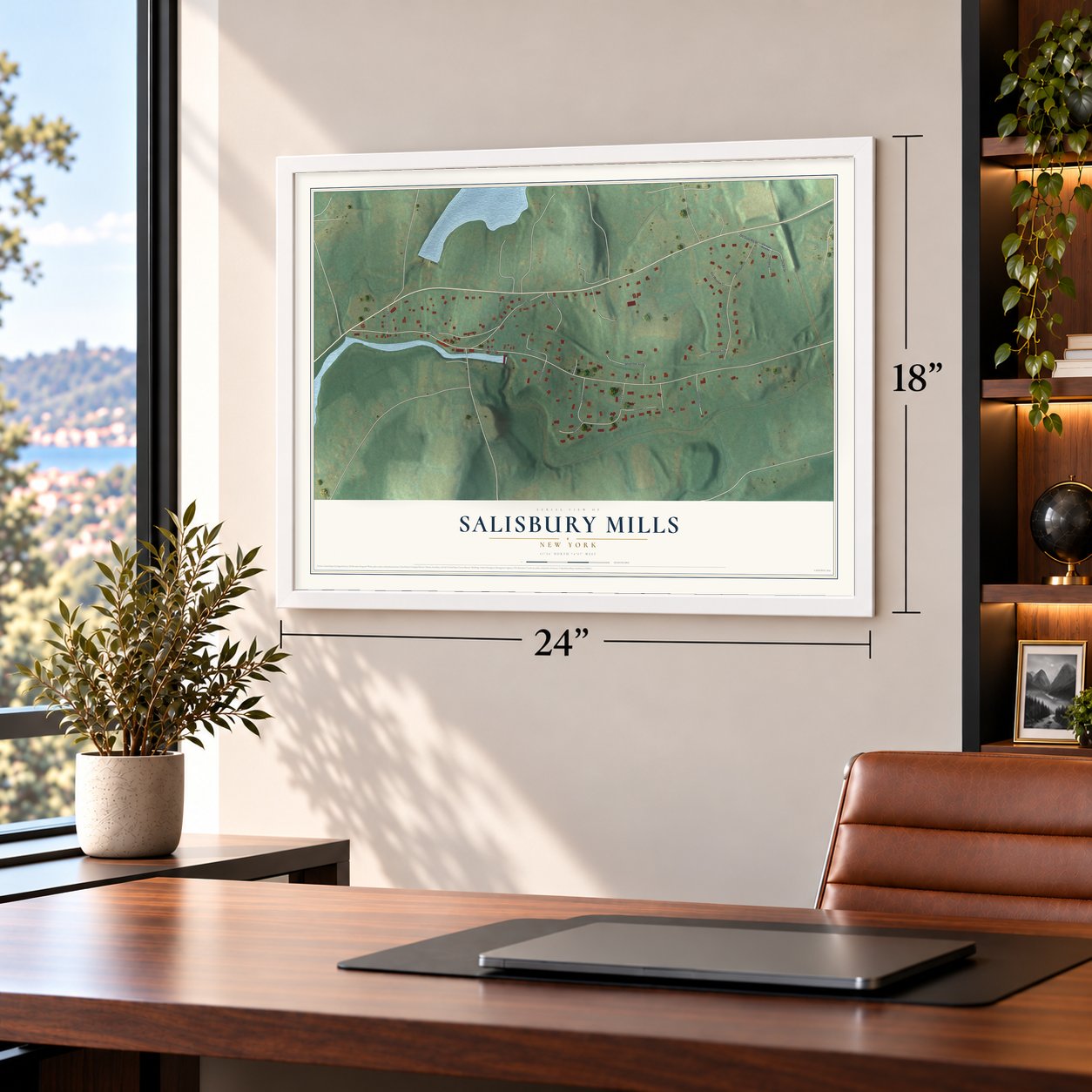 Salisbury Mills, New York map, 18 x 24 inch print in a white frame in a home office