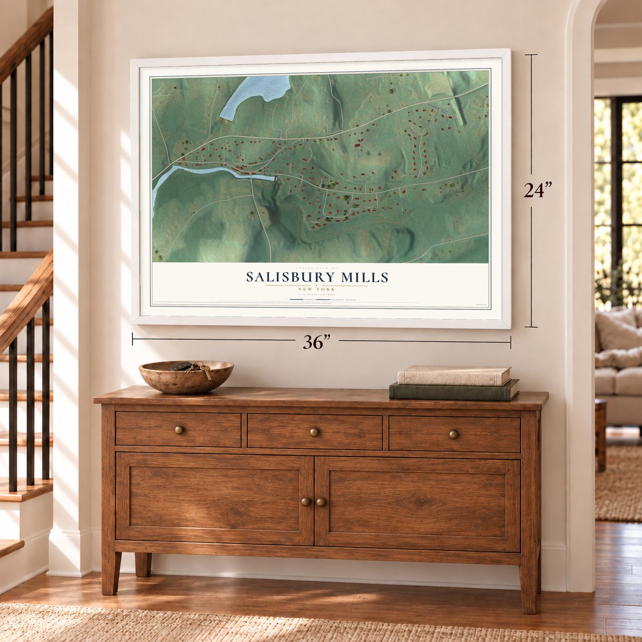 Salisbury Mills, New York map, 24 x 36 inch print in a white frame above a dresser by a staircase
