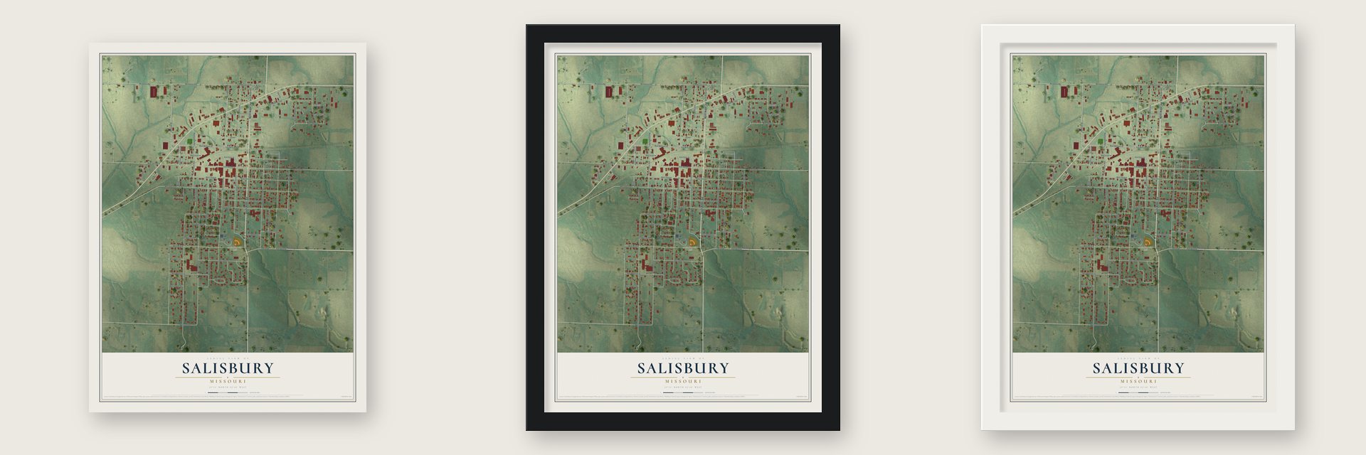 Salisbury, Missouri map unframed, in a black wood frame and in a white wood frame
