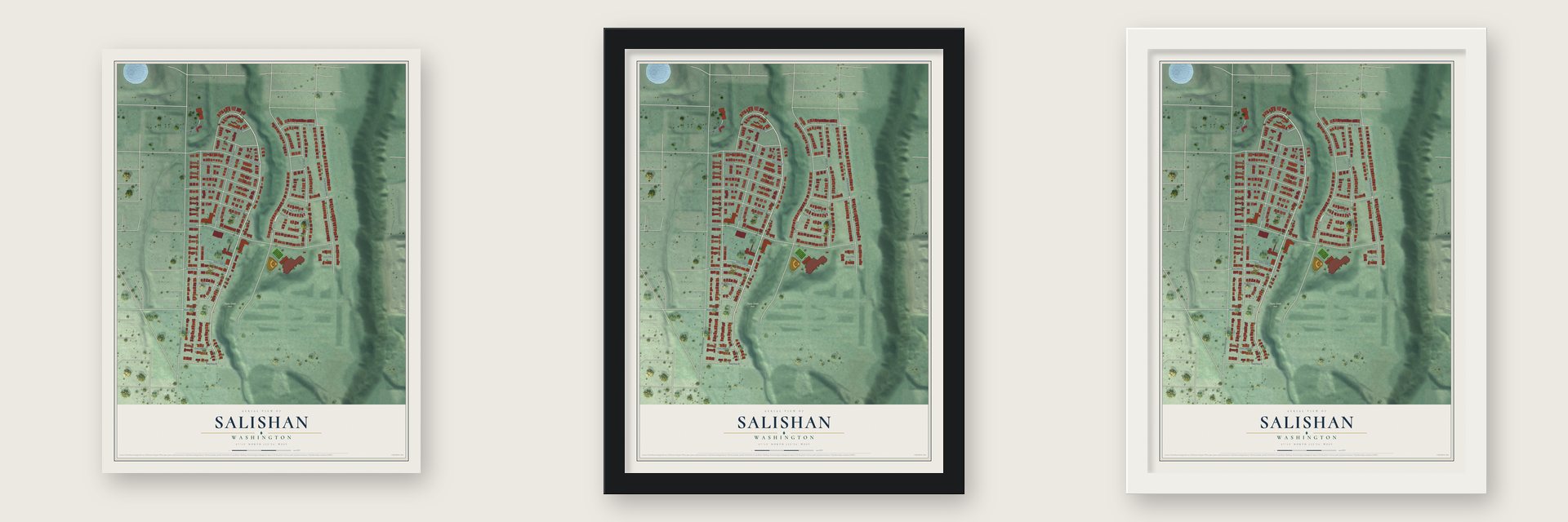 Salishan, Washington map unframed, in a black wood frame and in a white wood frame
