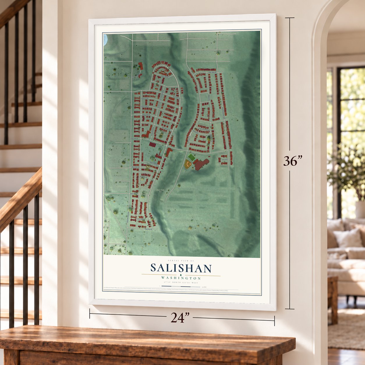 Salishan, Washington map, 24 x 36 inch print in a white frame by a staircase