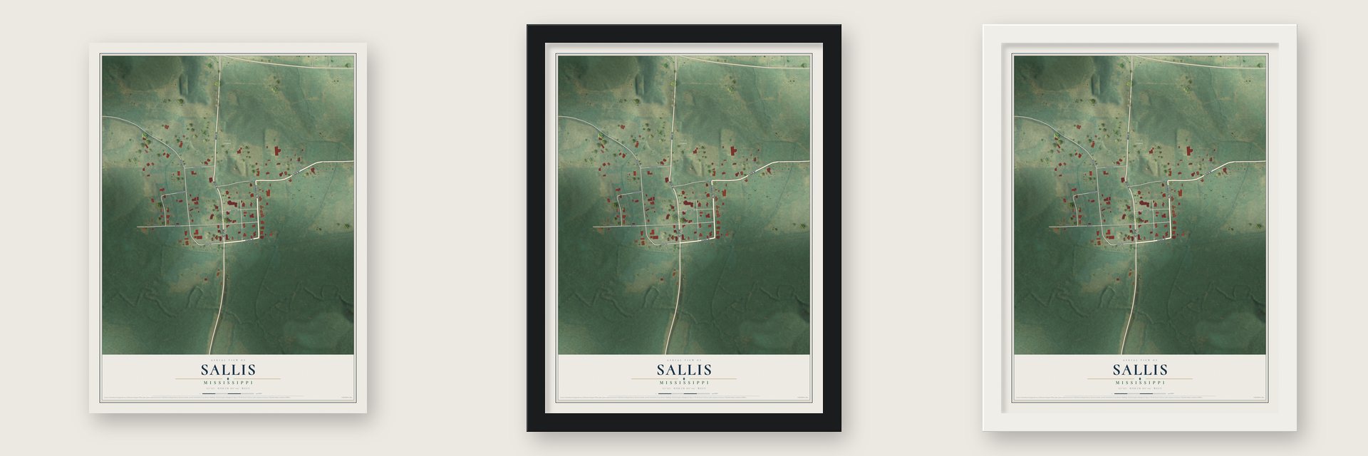 Sallis, Mississippi map unframed, in a black wood frame and in a white wood frame