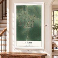 Sallis, Mississippi map, 24 x 36 inch print in a white frame by a staircase