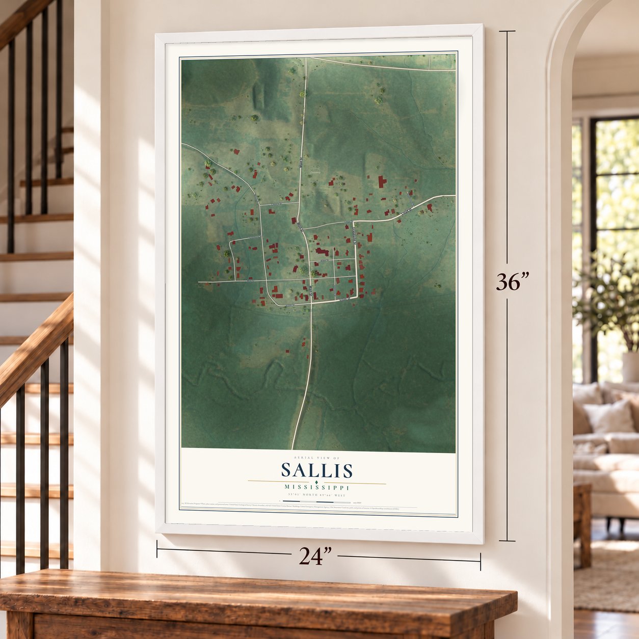 Sallis, Mississippi map, 24 x 36 inch print in a white frame by a staircase