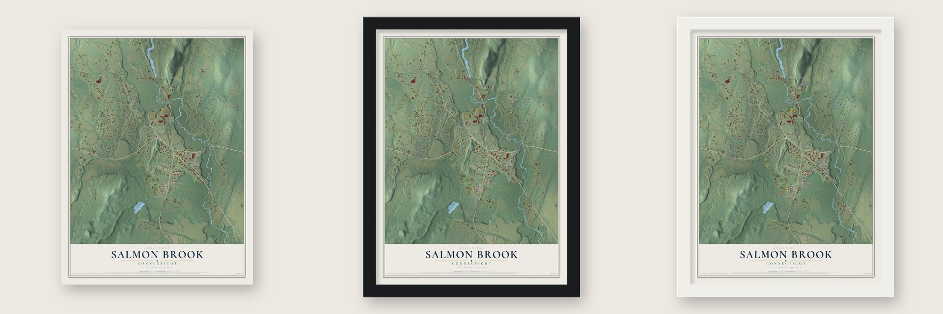 Salmon Brook, Connecticut map unframed, in a black wood frame and in a white wood frame