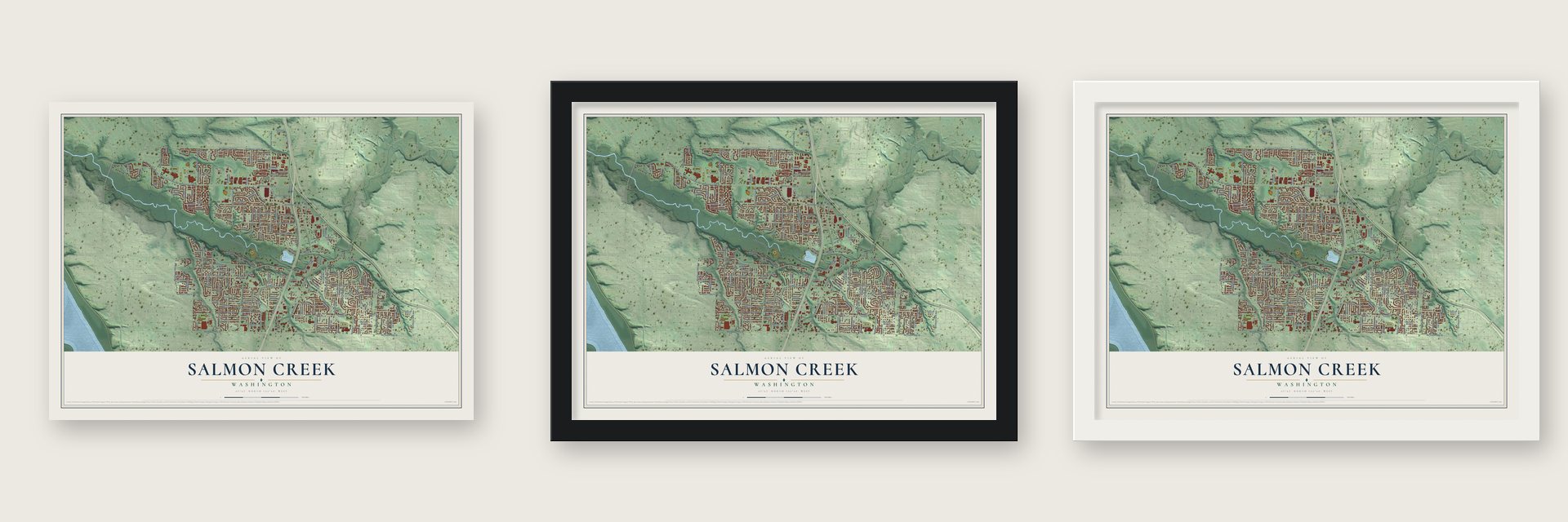 Salmon Creek, Washington map unframed, in a black wood frame and in a white wood frame