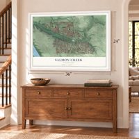 Salmon Creek, Washington map, 24 x 36 inch print in a white frame above a dresser by a staircase